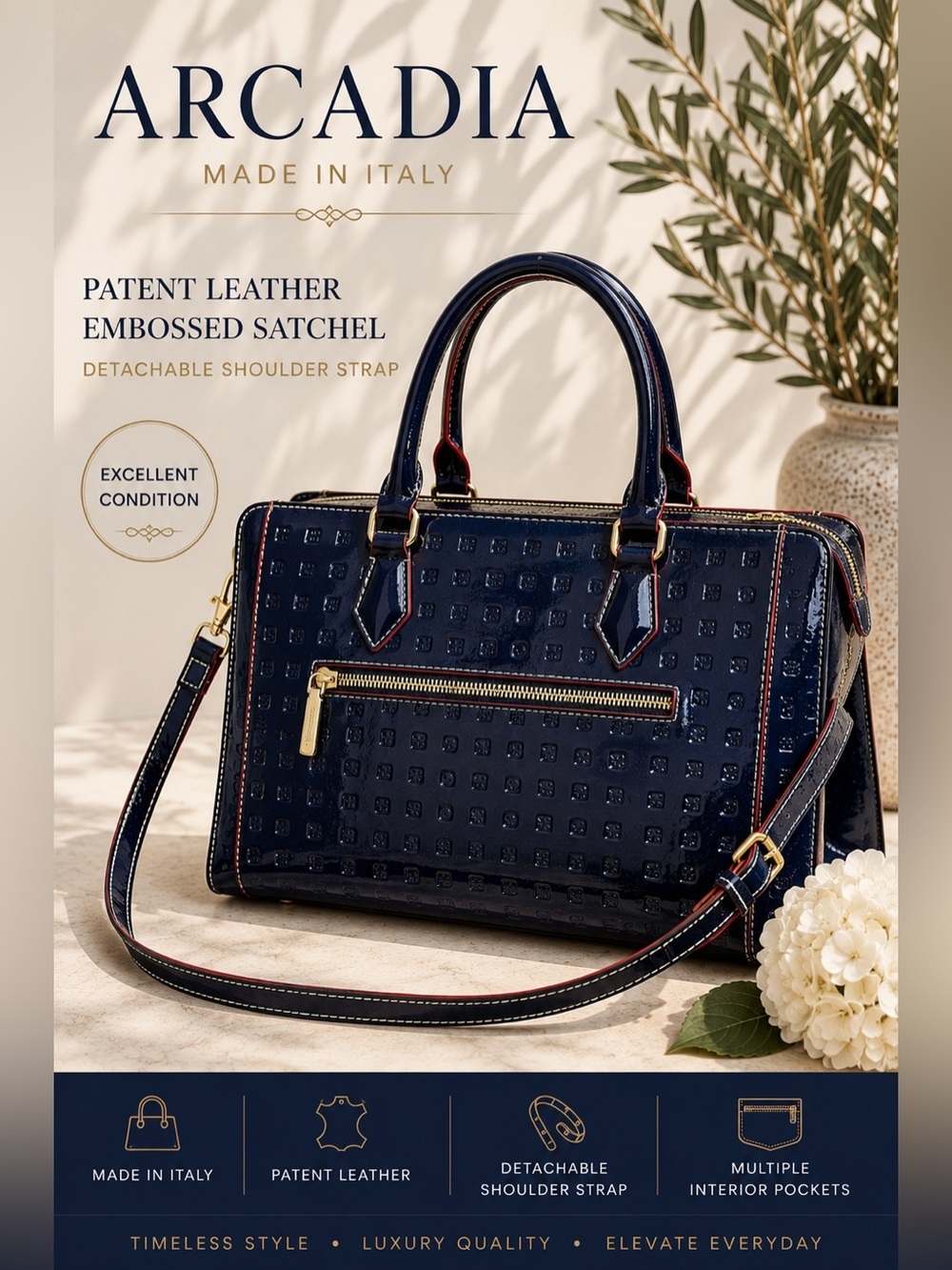 Arcadia Made in Italy Navy Blue Patent Leather Embossed Satchel Tote Bag